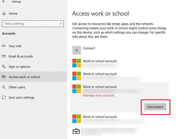 how to remove work school account windows 10