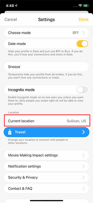 change bumble location without travel  mode