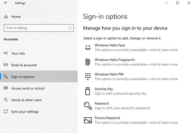 windows 10 local user password