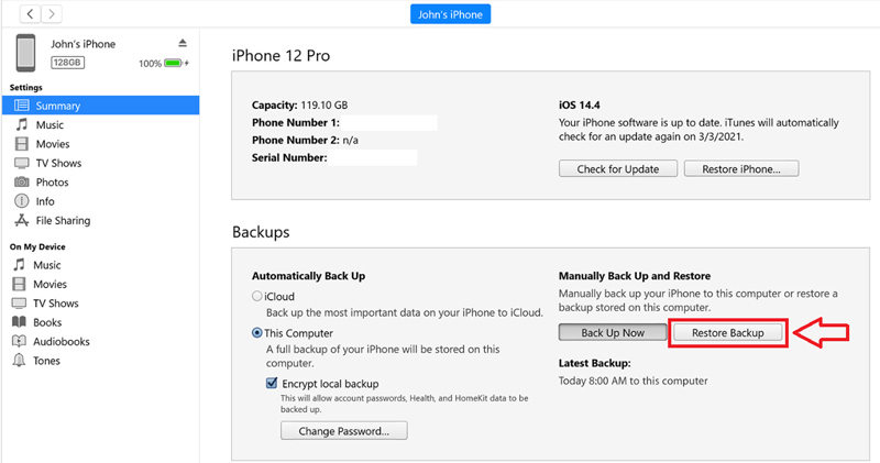 restore backup using itunes