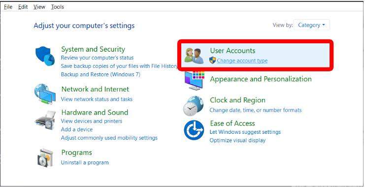control panel user accounts option