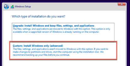 custom install windows only advanced