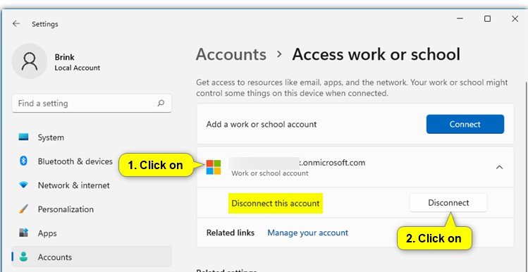 how to remove work or school account
