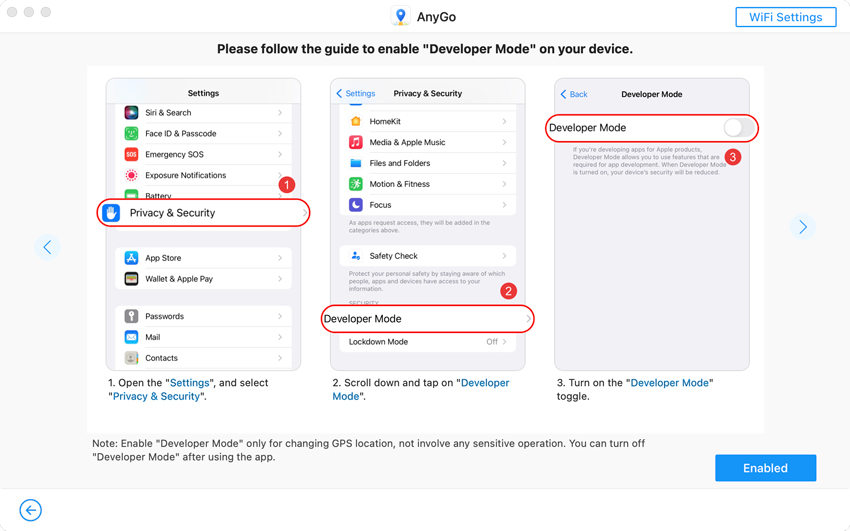 Enable Developer Mode before change location
