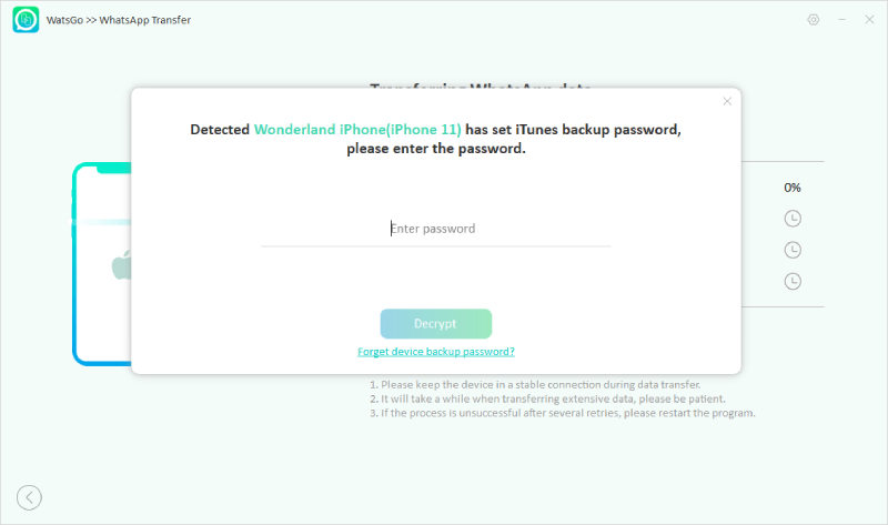 watsgo guide - enter itunes backup password
