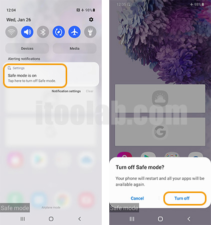 exit the safe mode on Samsung Android 11