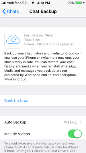 disable videos when backing up whatsapp