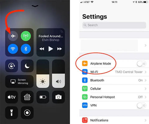 Turn Airplane Mode On and Off to Fix iPhone No Service