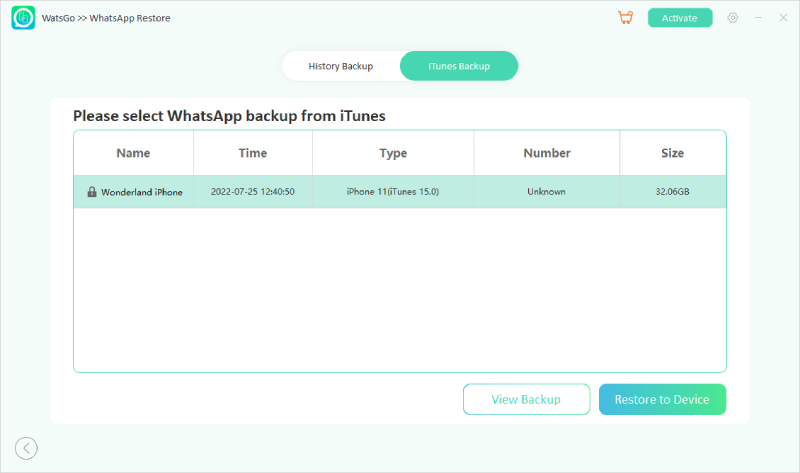 watsgo guide - select itunes backup to restore 