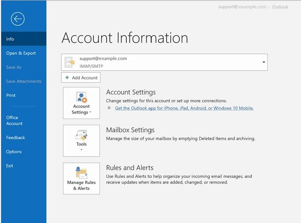 outlook account settings