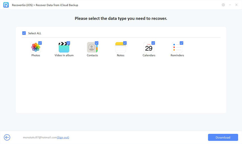 recovergo ios guide - select data type to recover from icloud backup