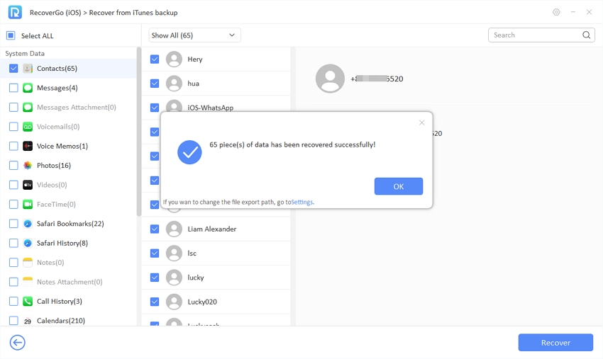 recovergo ios guide - recovered data from itunes backup successfully