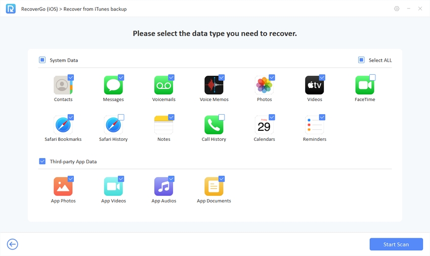 recovergo ios guide - select data to recover data from itunes backup