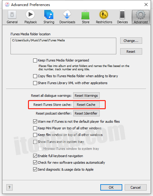 reset itunes cache