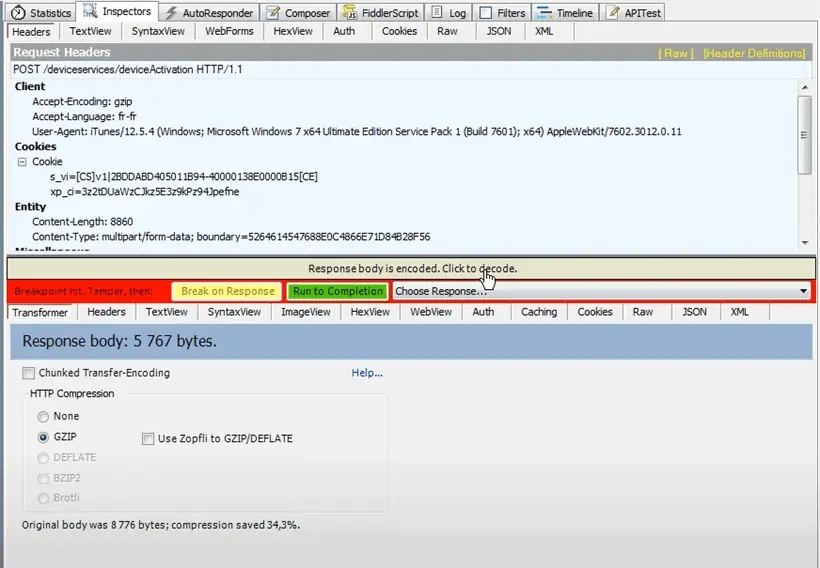 Response body is encoded. Click to decode