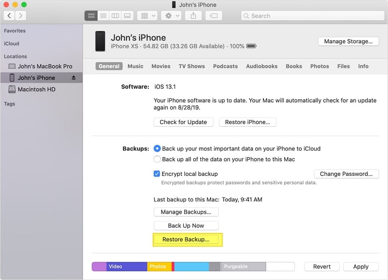 Restore iPhone from a backup to Fix iPhone Black Screen with Spinning Wheel