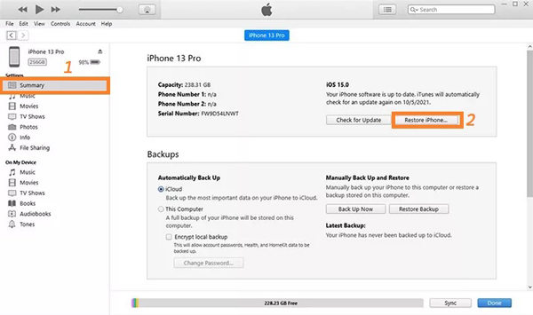 Restore iPhone with iTunes to fix iPhone screen frozen can’t turn off