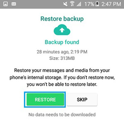 skip whatsapp backup to restore