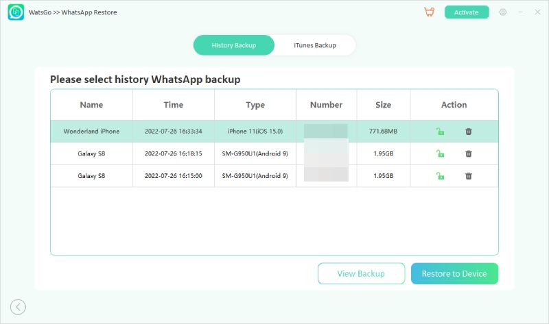 watsgo guide - select whatsapp backup data to restore 