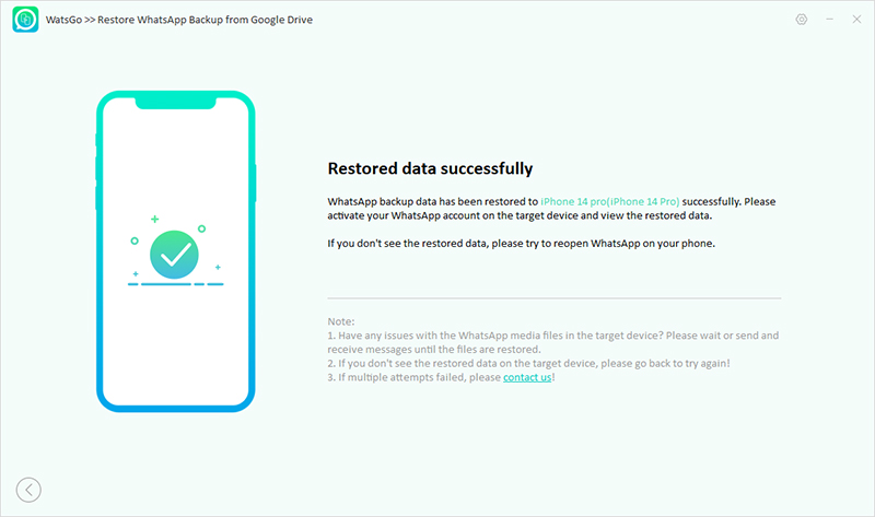 watsgo restored backup from google drive successfully