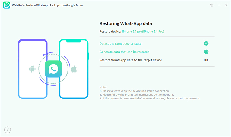 watsgo starts to restore backup from google drive