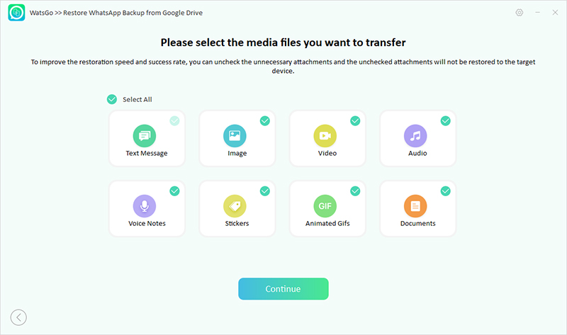 watsgo select data to restore google drive backup