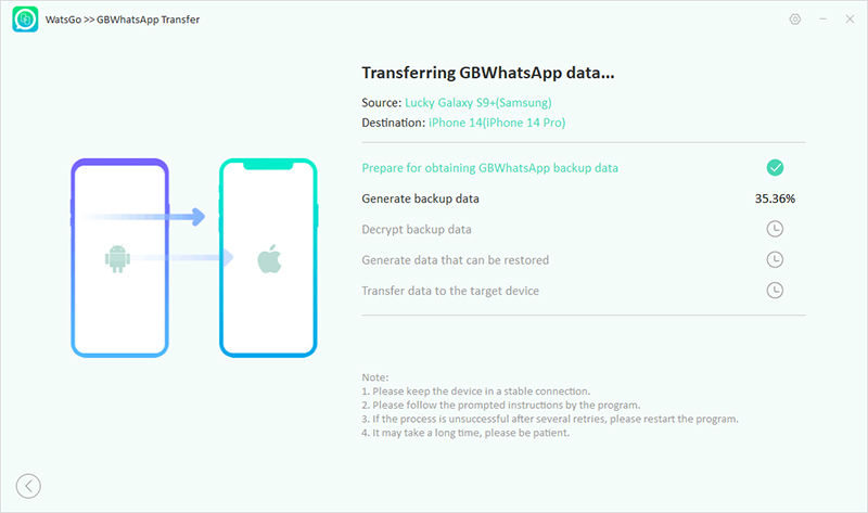 watsgo guide - start to transfer gbWhatsApp backup to whatsapp