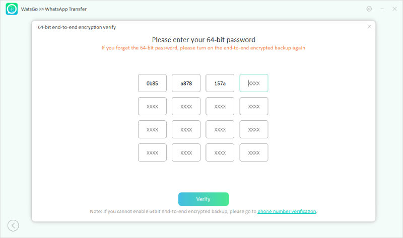 watsgo guide - verify encrypted whatsapp backup with 64-bit password