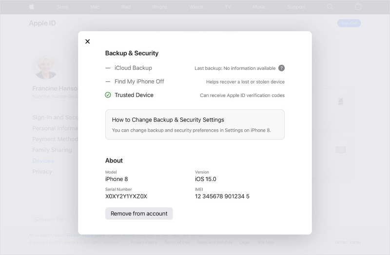 remove device from apple id list using web