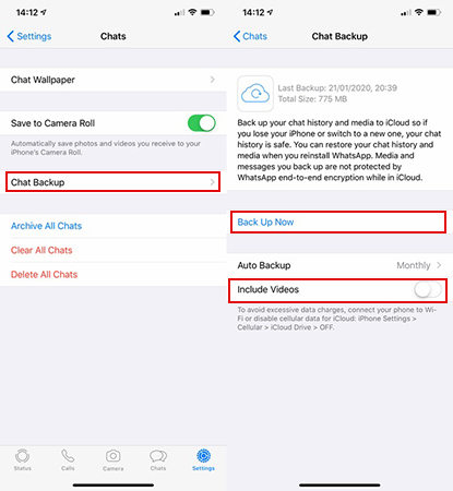 back up the WhatsApp chat to iCloud