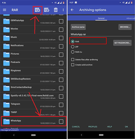 Compress the WhatsApp data with RAR