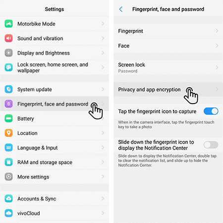 remove privacy app and encryption on Vivo