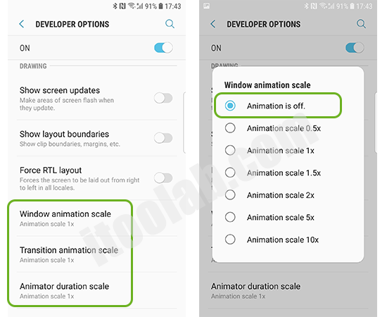 Adjust Android Animations on Developer options to speed up Android phone